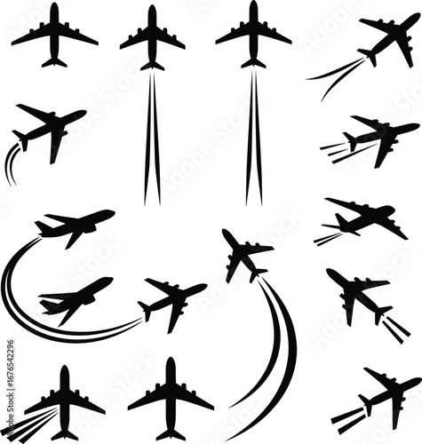 Airplane silhouette, jet aircraft, aviation vector, passenger plane, commercial flight, travel journey, airline design, sky transport, air travel, aircraft illustration