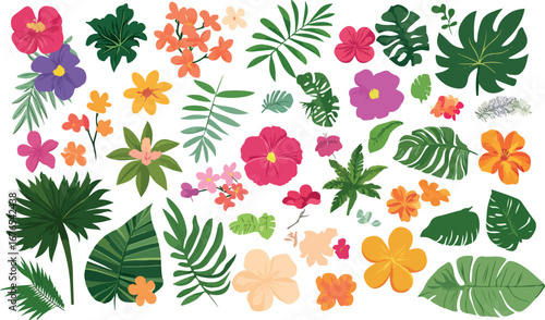 Vibrant assortment of tropical flowers and lush green leaves in a lively pattern
