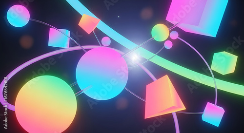 Abstract 3D render of glowing geometric shapes with a vibrant gradient of pink, blue, and yellow, connected by thin lines against a dark background.