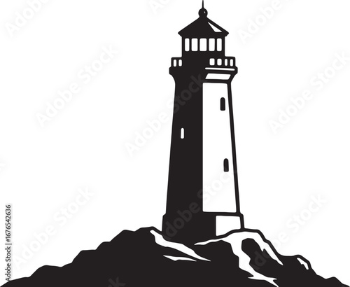 Iconic black and white lighthouse standing tall on rocky coastline vector illustration