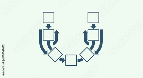 Diagram illustrating a cyclical process with directional arrows and square nodes on a light blue background