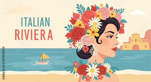 Italian Riviera A Woman Adorned with Flowers by the Sea