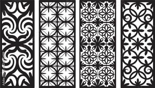 A set of four decorative geometric panels featuring various intricate patterns, perfect for creating stylish screens, dividers, or artistic wall hangings.