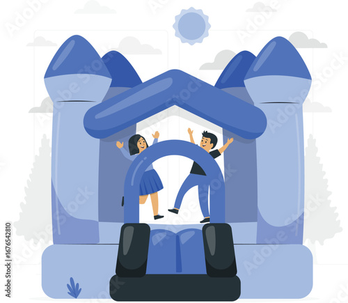 Whimsical bouncy castle with rafiki character illustration