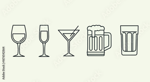 Assortment of Elegant Drinkware Wine, Champagne, Martini, Beer, and Water Glass Icons