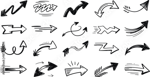 Sketchy Arrows and Direction Symbols Set – Hand Drawn Doodle Style Elements on Light Background, Perfect for Creative Concepts, Navigation Graphics, and Visual Communication Designs