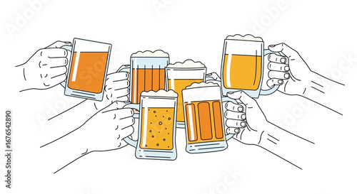 Friends clinking glasses of golden beer in a celebratory toast, symbolizing camaraderie and good times during social gatherings and festive events