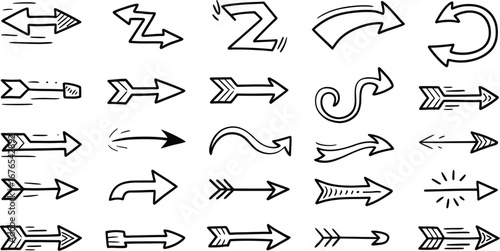 Sketchy Arrows and Direction Symbols Set – Hand Drawn Doodle Style Elements on Light Background, Perfect for Creative Concepts, Navigation Graphics, and Visual Communication Designs