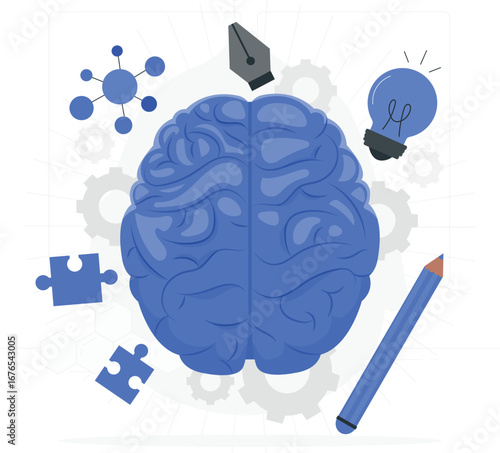 Brain anatomy and neuroscience illustration with medical elements