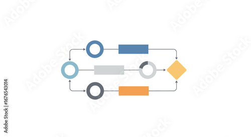 Flowchart Design Illustrating a Complex Process with Arrows and Circular Elements on a White Background