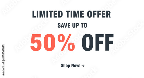 Promotional vector banner design announcing a special limited time fifty percent discount for retail sales and online shopping