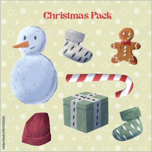 Christmas decorative handrawn cute sticker pack, with snowman , socks, ginger bread, gift box, and candy stick