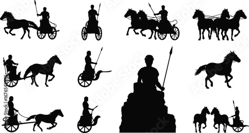 Ancient warrior silhouette, horse chariot illustration, battle soldier with spear, historical army figure, roman gladiator design, mythology warrior art, military scene