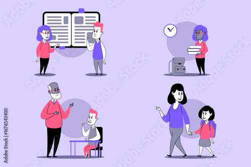 Colorful collection of educational activities, showcasing interactions between teachers and students in different scenarios related to learning and support