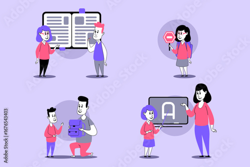 Colorful collection of different educational activities. Individuals engaged in learning, teaching, and interactive experiences in playful setting designed for knowledge sharing