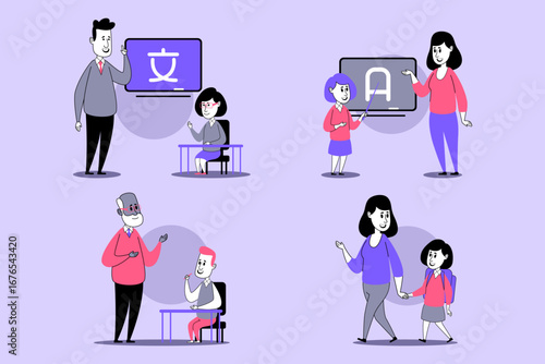 Collection of diverse educational activities featuring children and adults. Various interactions showing learning and teaching in classroom setting, focusing on engagement and collaboration