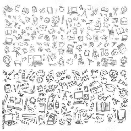 Line art illustration of school supplies and elements. Doodle of back to school