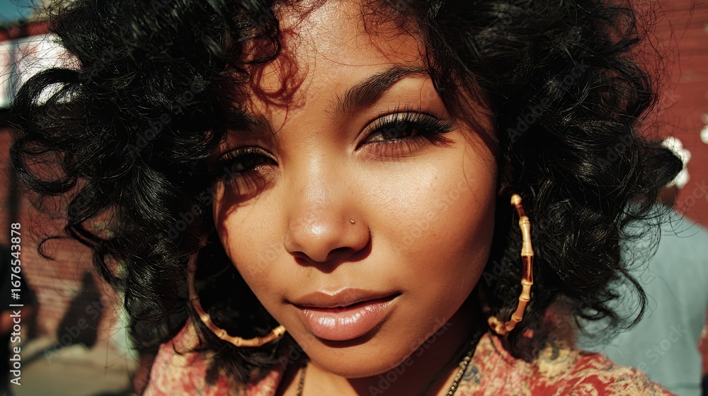 Fototapeta premium Confident young dark-skinned woman, engaging and natural, posing with curly hair and hoop earrings against a blurred urban background