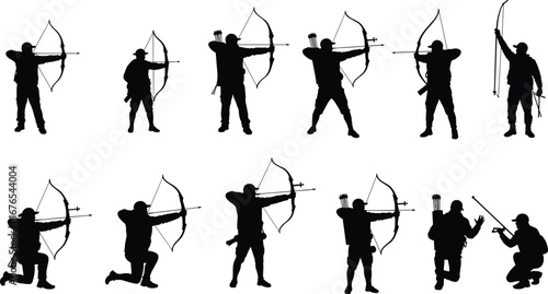 Archery silhouette, archer with bow, arrow shooting, hunting sport, target practice, outdoor activity, traditional archery, precision aim, bowman, accuracy training