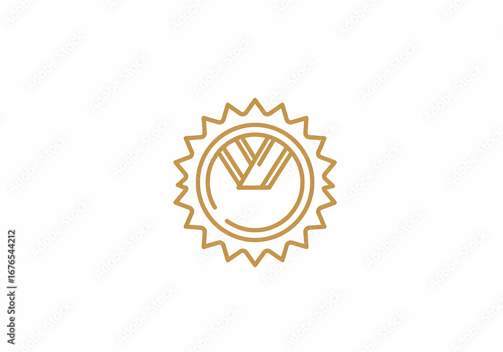 Fototapeta premium Elegant Golden Badge Design V Monogram in Sunburst Frame on transparent background