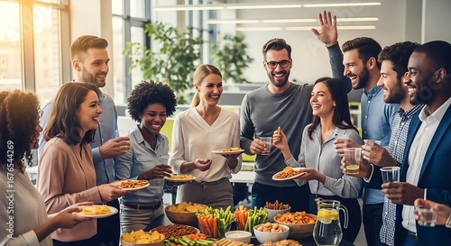 Diverse Smiling People Eating Snacks at Office Party Celebration
