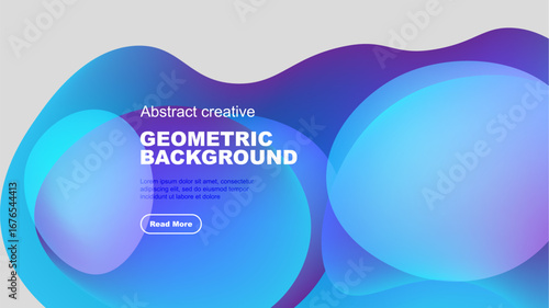 Abstract geometric background features vibrant blue, purple shapes over gray. Text includes geometric background, plus sample lorem ipsum text. Button reads read more.