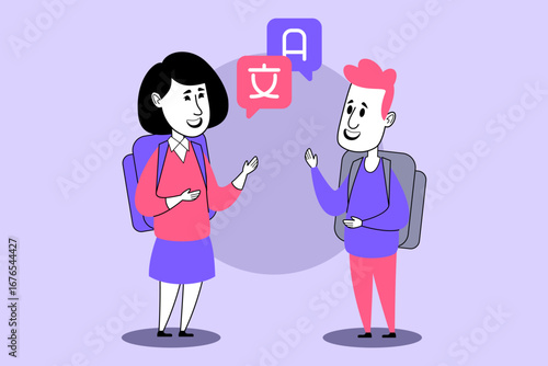 Two students engaged in conversation while showcasing their language skills. People exchanging ideas with friendly expressions, surrounded by speech bubbles representing different languages