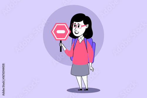 Young student in sweater and skirt holding stop sign, promoting safety awareness while wearing backpack