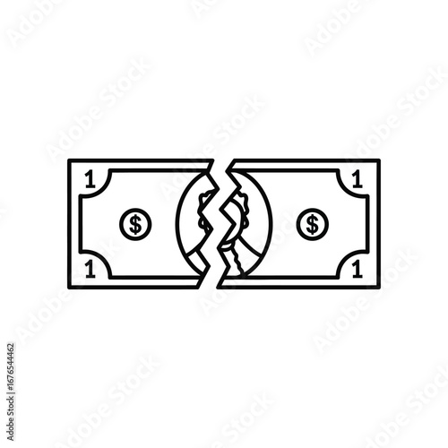 Financial Ruin: A stark illustration of a broken dollar bill, symbolizing financial troubles, recession, economic crisis, or financial hardship.