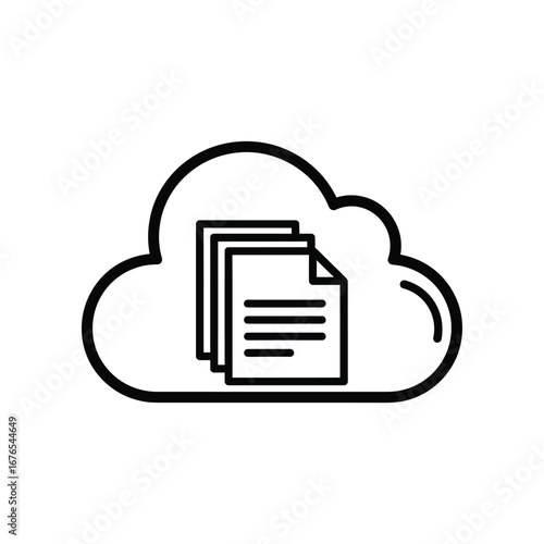 Cloud Data Storage Icon: A sleek, minimalist icon of cloud storage, featuring a cloud encompassing multiple sheets of paper, signifying secure data management.