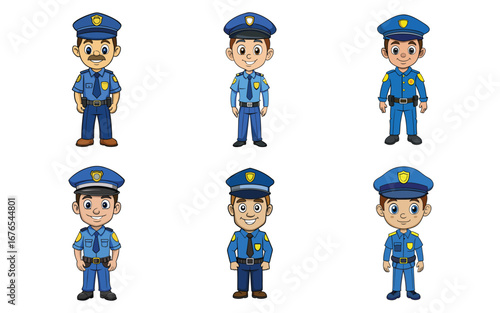 cartoon police officers in uniform standing proudly. Smiling Cartoon Police Officer Collection.