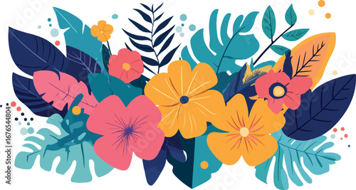 Vibrant tropical floral arrangement with lush leaves and exotic flowers in a colorful design