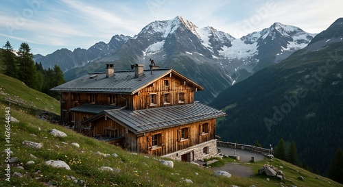 山小屋夕暮れ 静寂包む木造建築 雄大な山脈背景に輝く. AI Generated