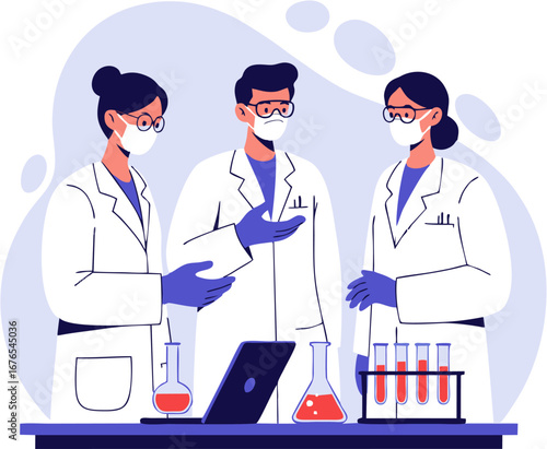 Medical Researchers Discussing Samples in Laboratory Clean Flat Vector Illustration