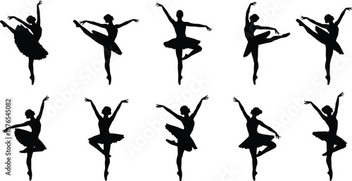 Ballet dancer silhouettes, ballerina illustration, classical dance art, graceful female dancer, elegant tutu costume, performance pose, stage movement, ballet design vector