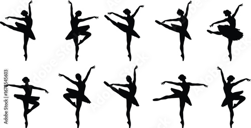Ballet dancer silhouettes, ballerina performance, classical dance poses, elegant movement, tutu costume, stage art, ballet illustration, graceful dancer silhouette design