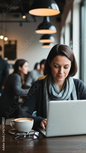 Woman working on laptop in a cozy caf? with friends nearby