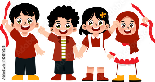 illustration of Indonesian children with red and white attributes
