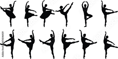 Ballet dancer silhouettes, graceful ballerina poses, elegant dance movements, classical ballet art, contemporary choreography, stage performance, 