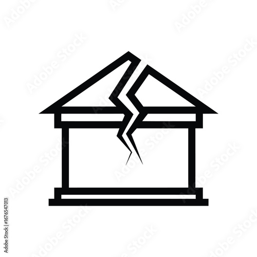 Fractured Structure: A stark graphic illustration of a house, bisected by a dramatic crack, symbolizing damage, instability, and the fragility of foundations.