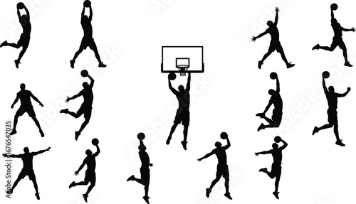 Basketball player silhouette collection, slam dunk, jump shots, sport poses, black vector clipart, action scenes, athletic male, isolated artwork