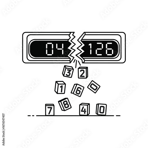 Breaking the Digital: A shattered digital display shows a chaotic scattering of numbers. This image reflects the breakdown of order and the unpredictable nature of data in a digital world.