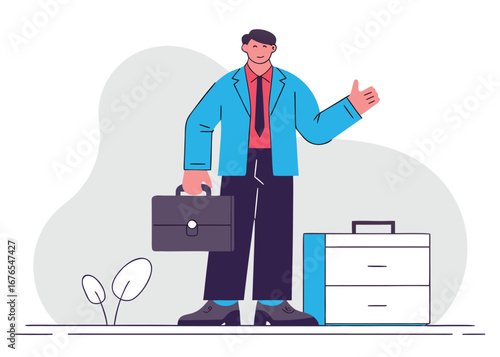 Successful businessman with briefcase giving thumbs up, ready for success, business concept, vector art