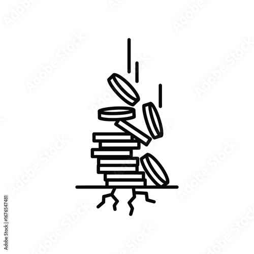 Financial Instability: A stark monochrome illustration of a stack of coins toppling over, conveying the concept of financial ruin and economic uncertainty.