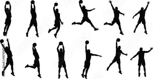 Basketball player silhouettes, dunk jump poses, slam action, vector illustration, athlete sports design, black male figure, isolated on white