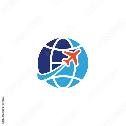 A stylized graphic icon depicting an orange airplane flying around a blue globe, symbolizing global travel and international aviation.