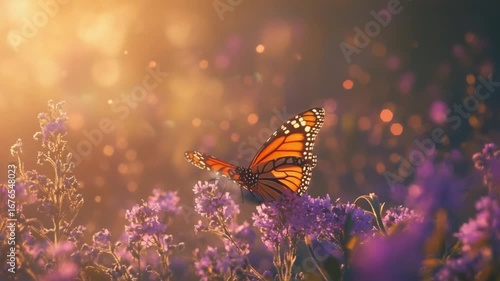 Monarch Butterfly in Lavender Field at Golden Hour