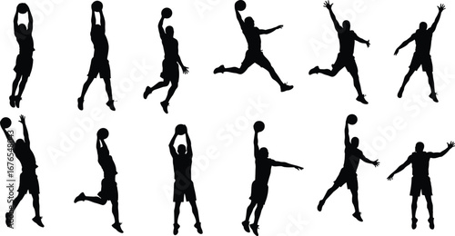 Basketball player silhouettes, dunk, jump, throw, action poses, vector clipart, athletic male figure, sport scene, isolated design, black shape
