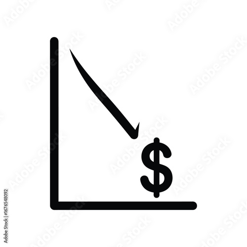 Economic Downturn Depicted: A minimalist graphic symbolizing the decline of a financial element, illustrated with a downward-pointing arrow and the dollar sign.