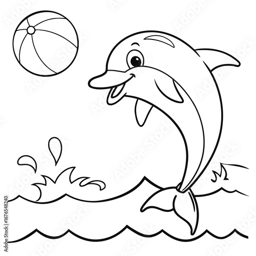 Dolphin Playing with Beach Ball - Jumping Dolphin Coloring Page with Waves and Water Splash, Fun Marine Mammal Illustration